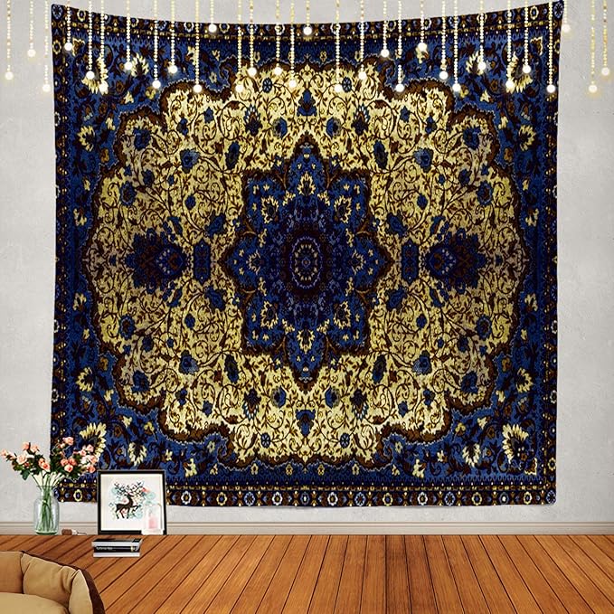 shrahala 圆形曼陀罗蓝灰色挂毯,波斯摩洛哥中东花壁挂大挂毯 迷幻